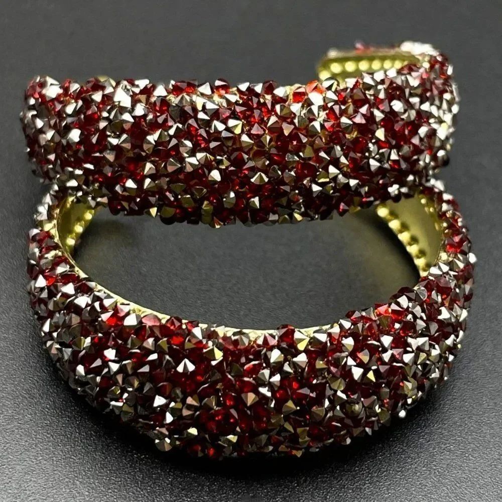 Yellow Gold with Grey and Ruby Red Crystal Encrusted Hoop Post Back Earrings